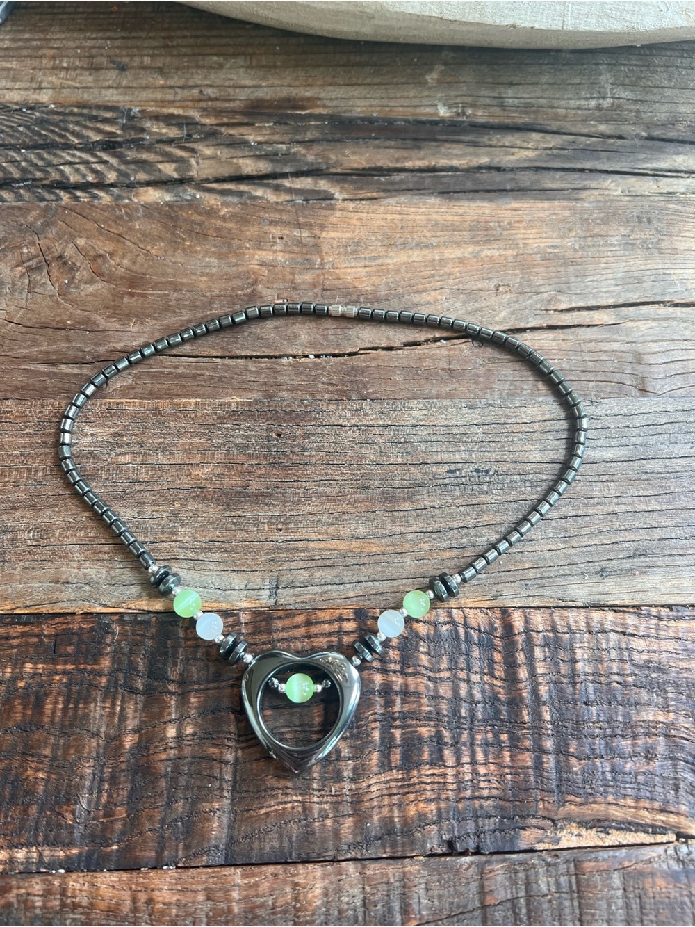 Healing Hematite Blue Stone Accents & Open Heart Pendant Necklace